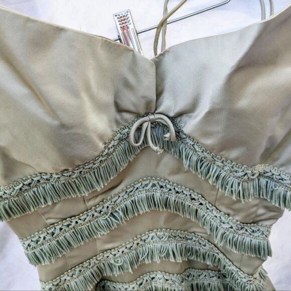 🍸  🥂 🍾 1950s Edward Abbott Designer Gown | Pale Mint Green Satin + Fringe | V - Picture 4 of 6